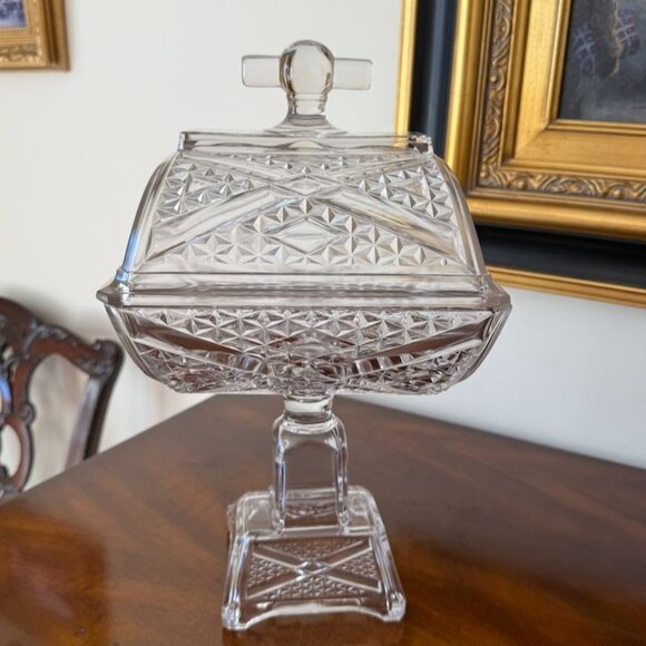 Antique EAPG Adams & Co. ASHMAN Crossroads Pattern No. 84 Covered Compote c1880s - Picture 5 of 14